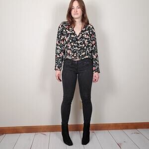 Vintage 80s 90s Floral Blouse Black Large